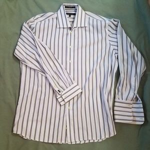 Purple, green, and white striped shirt